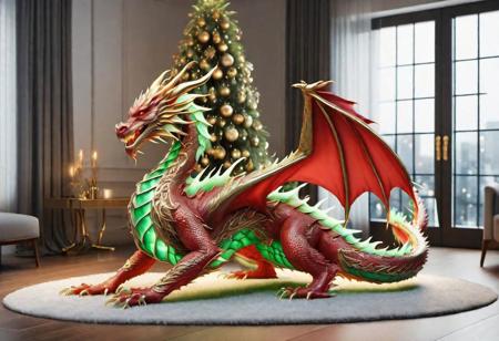 DonM3lv3sXL gold ornamented red  dragon siting under a Christmas tree, (living room), highly detailed clean, beautiful detailed intricate, 8K,