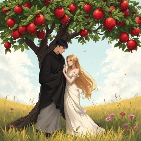 1woman, 1man, dark clothes on man, white clothes on woman, under pomegranate tree, meadow setting, Hades, Persephone, Greek gods, Anime