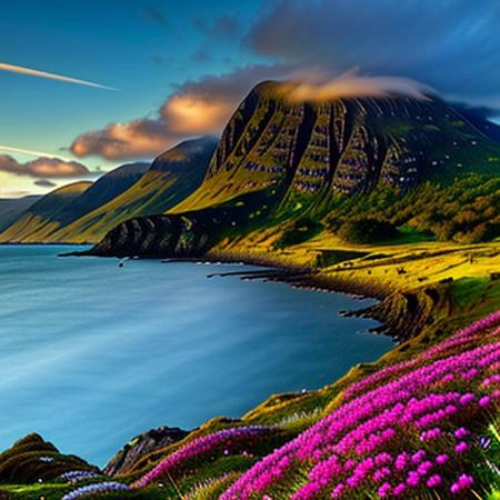 coastal scotland landscape background, Clover, bunch grass, large Crystals, crags, clouds