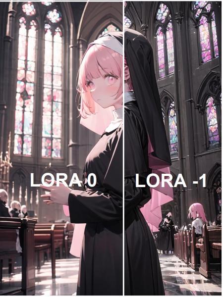 (masterpiece, best quality), solo focus, from side, pink hair, indoors, nun, short hair, window, pink eyes, church, black dress, closed mouth, candle, chair, looking at viewer, standing,