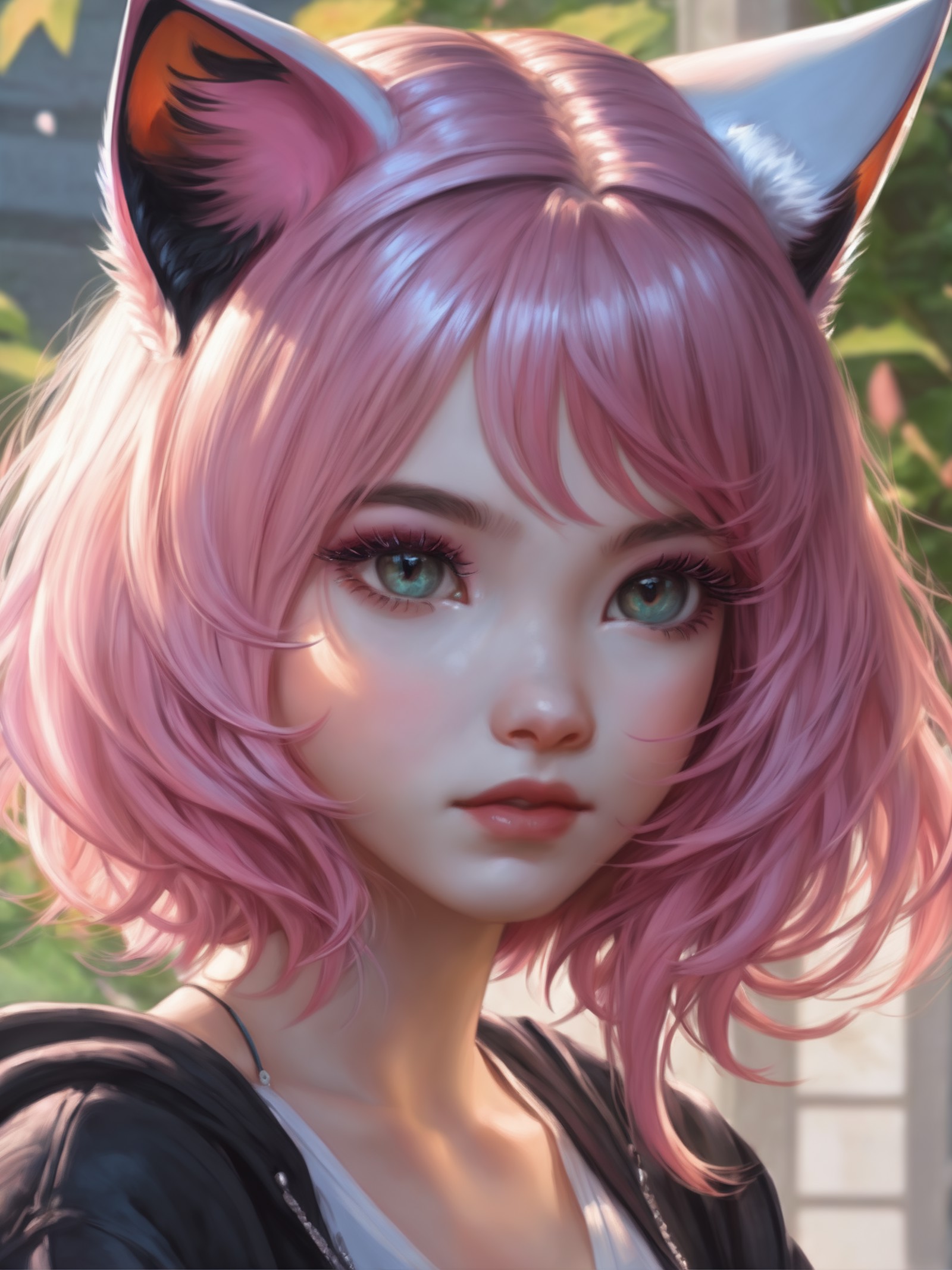 masterpiece, best quality, (1girl), artgerm, beautiful detailed eyes, looking at viewer, upper body, pink hair, shy, cat e...