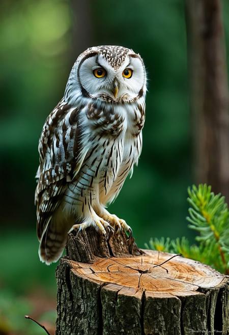 a detailed image of a small owl perched on a tree stump against a dark, blurred background. The owl should have large, bright yellow eyes with black pupils, a sharp beak, and brown and white feathers with a few white spots. The bird's posture is upright and alert, with its head slightly tilted, giving it an inquisitive look. The tree stump should have rough, textured bark, and the background should be dark green, providing a natural and subtle contrast to highlight the owl. The overall atmosphere should be calm and focused on the owl's striking features.