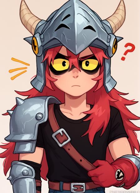 bsdraco  , 1boy, helmet, horns,  black eyes , yellow sclera,  red hair  , long hair,  black shirt,  belt , jeans, helmet,  solo  ,long hair, arm armor, shoulder spikes ,    knee pads, red gloves,