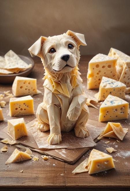 a cheese shaped like a dog made of cheese sitting on a table, origami, butter, medium portrait, ichigo, pub, full - view, thoughtful ), pasta, with cute doting eyes, labrador, inspired by Michaelangelo, stained,
solo, standing, full body, indoors, blurry, no humans, table, cat, animal focus