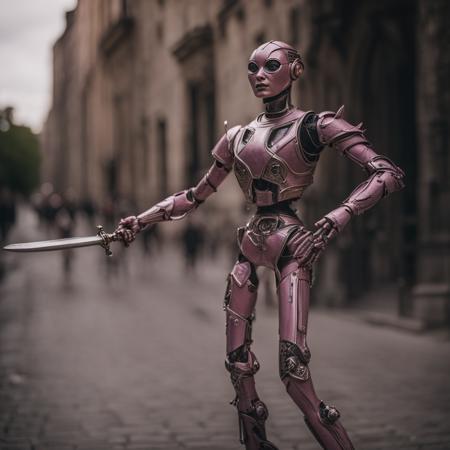 photo a close up of a robot woman in a pink dress is dancing on a cobblestone street holding a sword, 8k, cinematic, detail, grimdark