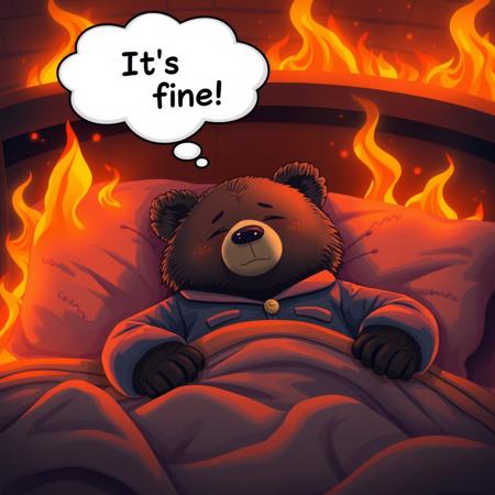 Bear sleeping in bed in pjs with thinking bubble "It's fine", eyes closed, room burning around him, fire, (((flames))), warm hues, realistic, photorealism, hd, 8k, high definition, score_9, score_8_up, score_7_up, score_6_up,