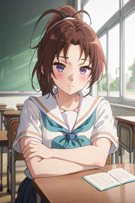 best quality, masterpiece, highres, solo, {nakagawa_natsuki_soundeuphonium:1.15}, brown_hair, ponytail, long_hair, purple_eyes, blush, serafuku, closed_mouth, indoors, bangs, 1girl, aqua_neckerchief, blue_neckerchief, blue_sailor_collar, chair, classroom, desk, kitauji_high_school_uniform, neckerchief, sailor_collar, school_uniform, shirt, short_sleeves, sitting, white_shirt, school_chair, blurry_background, window