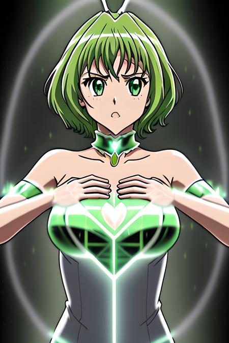 <lora:QuickHandV2:.6> QuickHands, 5 fingers, detailed hand <lora:MewLettuce:0.8> mew lettuce, green hair, green eyes, green choker, green leotard, green shirt, bridal garter, puffy detached sleeves, short hair, hair tubes, eyes closed, :o <lora:holoChest:0.6> holoChest, holographic print, upper body