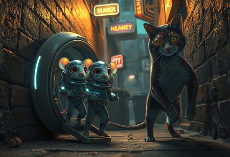 Two tiny mice, dressed in high-tech, advanced spacesuits with glowing visors and futuristic gadgets, are stepping out of a small, sleek alien spacecraft. Their faces are lit with excitement and wonder as they eagerly anticipate meeting Earth's inhabitants. However, they’ve mistakenly landed in a gritty, dimly lit urban alleyway with a few neon signs casting light . The walls are covered in graffiti, and trash bins line the narrow space. Emerging from the shadows, an alley cat with a muscular physique, sleek fur and piercing gold and green eyes is poised to pounce, toward the unsuspecting mice. The scene is illuminated by a flickering streetlight neon and neon signs, casting eerie shadows across the alley., architecture, fashion, poster, 3d render