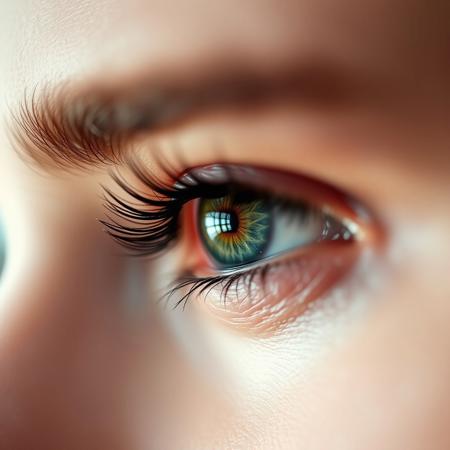 Ultra closeup of a young womans eye, green eye, view from side, mascara, winged eyeliner, mesmerizing, eyelash extension, shallow depth of field, f/1.4, focus blur, beautiful, bokeh, reflections, ultra realistic