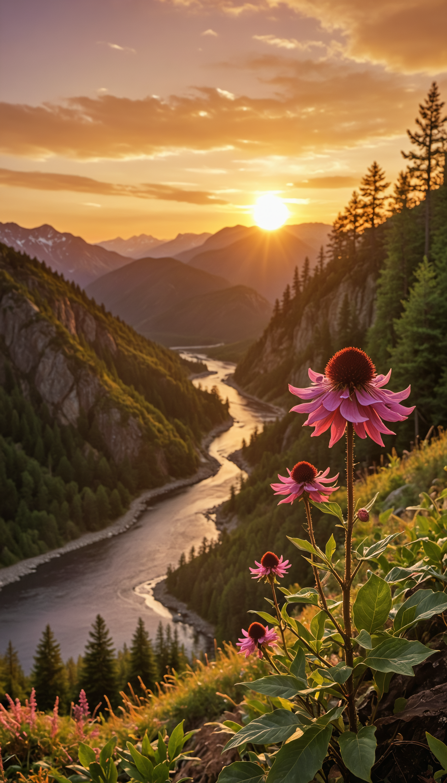 close-up of a field filled with beautiful flowers, sunrise, summer mood