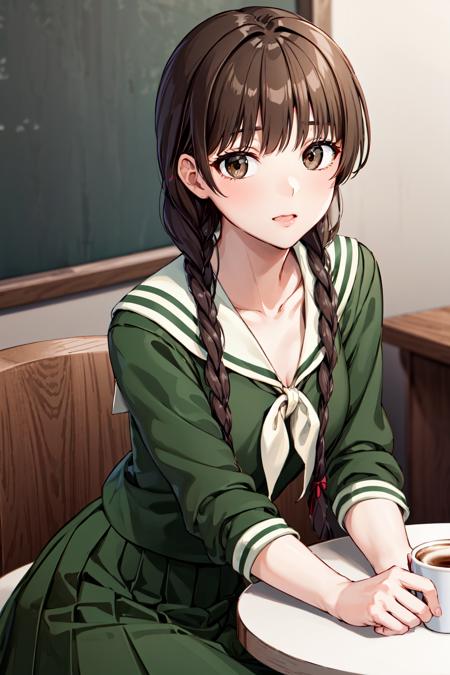 masterpiece, best quality, highres, aayoshino, long hair, twin braids, brown eyes, hair over shoulder, school uniform, sailor collar, neckerchief, green shirt, sailor shirt, long sleeves, green skirt, long skirt, <lora:shimazu_yoshino_v1:0.7>, sitting, cafe, table, coffee