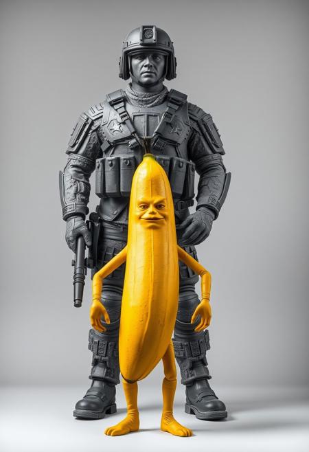 A highly detailed, full-figure granite Marine Corps perfect soldier, standing still in a commanding pose, fully equipped with advanced weapons, battle armor gleaming with intricate textures. The soldier appears statuesque, with a granite-like appearance, reflecting strength and resilience. In front of them stands a 2-meter-tall, anthropomorphic yellow banana, with human-like features such as limbs, eyes, and a mischievous expression, creating a surreal contrast. The setting is minimalist to emphasize the soldier’s immovability and the absurdity of the banana figure