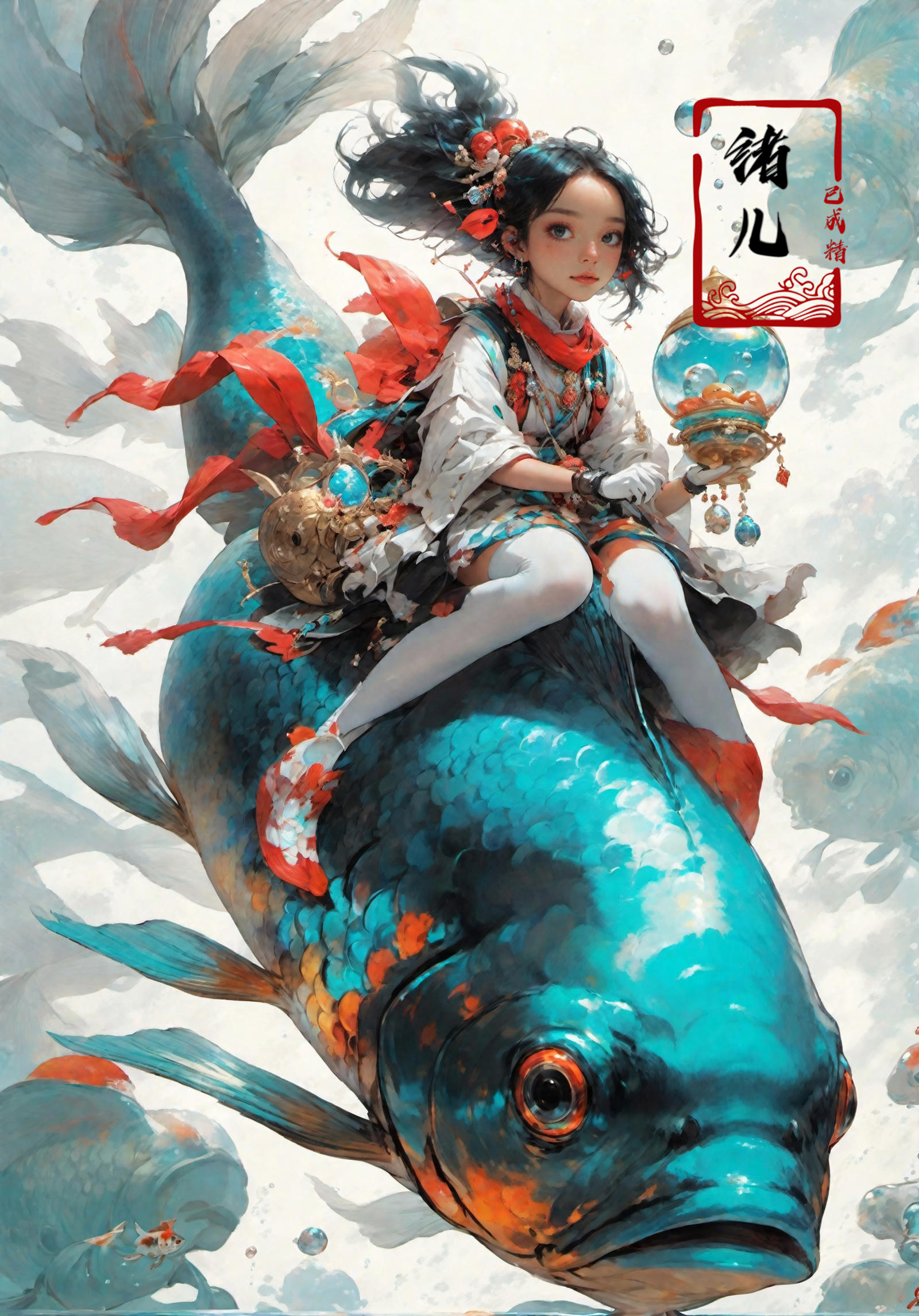 A beautifully colored painting of a girl riding a fish, with a red ribbon around its neck.