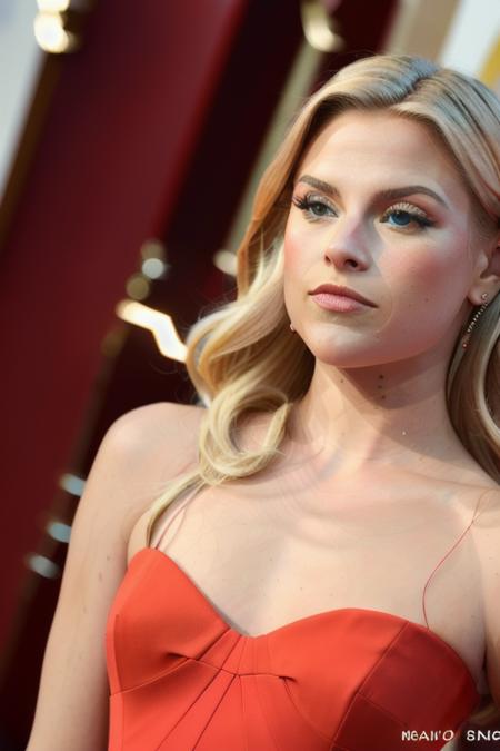 a blonde woman, in a stunning red dress, people in the background, at the oscars, crowded red carpet show, [upper body:0.2], close up, 8k, raw, uhd, fujifilm x-t3, ((candid, amateur)), <lora:aliLarter:1>