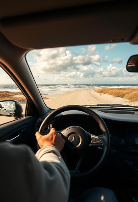 Car driver's gaze, Car running on sandy beach, You can see the ocean, emphasizing the perspective, expanding the area near the distant area, waves, swaying grass and flying birds, shadows on the clouds, the car is positioned based on the golden ratio, movement, savannah wilds, arid prairie, detailed scenery, clouds, 
best quality, sharp focus, high contrast, colorful, ultra quality, 8k, best quality,