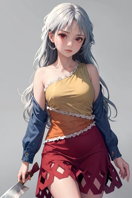 masterpiece, best quality,  <lora:SakataNemuno:1>,1girl,long hair,grey hair,wavy hair,  red eyes,bare shoulders, single strap, multicolored dress,long sleeves,cleaver, bow,grey background, cowboy shot,