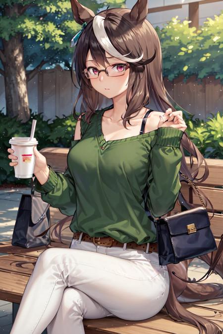 masterpiece, best quality,
symboli rudolf \(umamusume\),
sitting, on bench, holding cup, disposal cup, outdoor, crossed legs,
collarbone, shoulder bag, handbag, white pants, green shirt, casual, long sleeves, sweater, glasses, belt,
<lora:sybmoli_rudolf_locon_0.99:0.6>