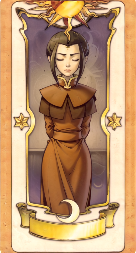 masterpiece, best quality, 1girl, azula, arms behind back, closed eyes, card, solo, tarot  <lora:clowCardCardcaptor_v2:0.8> <lora:Azula:0.9>