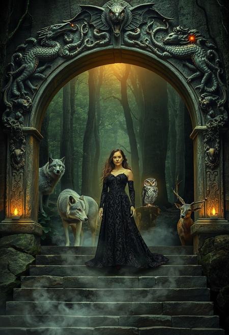Produce an image blending myth and nature: A woman in a dark, patterned gown stands on a stone staircase beneath an archway carved with mythical creatures—dragons, phoenixes, and serpents. The archway glows faintly, with mist swirling around its base. The woman is surrounded by ethereal animals: a wolf, an owl, and a stag, each symbolizing different aspects of her character. The background features a forest with glowing eyes and ancient trees. Use a rich, symbolic color palette—emerald, crimson, and gold—to evoke legends and hidden power.