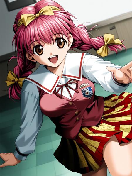 AkagawaRika, glasses, pink hair, medium breasts, brown eyes, twin braids, hair bow, long hair, Yellow bow,