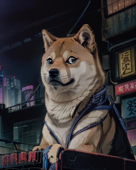 neon city, closeup portrait of a Shiba doge , sitting ona  sign, ,  , buildings, signs, cyber tokio, cyberpunk, (night:1.3), dark <lora:NEOTOKIO_V0.01:.89>  <lora:Doge_mnty_merge60_30:1>