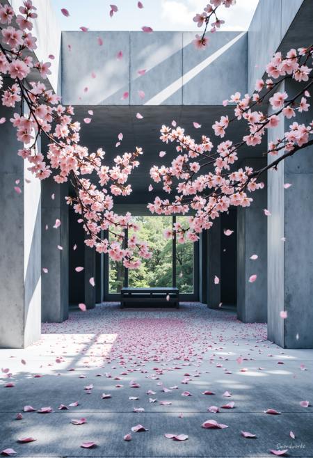 A serene spring scene with sakura petals cascading gently through the air, A monolithic concrete structure—clean lines, smooth surfaces—frames a tranquil courtyard where cherry blossoms pool like delicate pink snow.