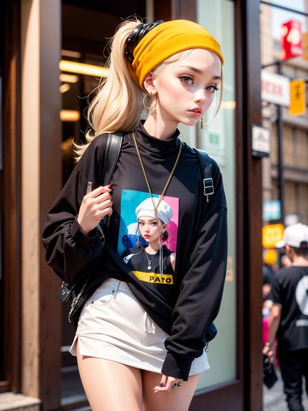 streetwear girl with pearl earring painting in streetwear clothing in tokyo