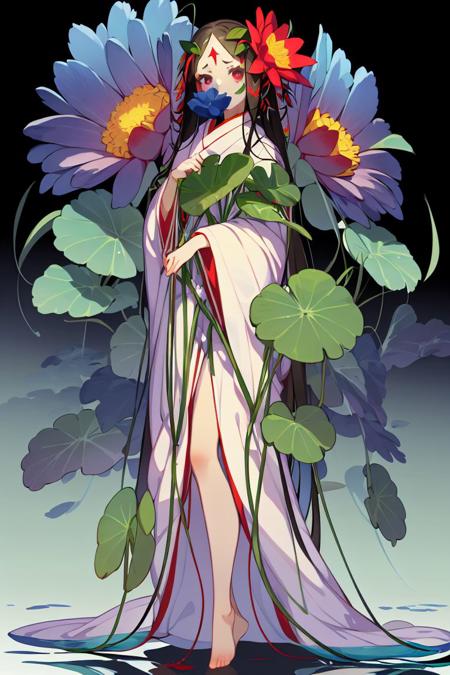 masterpiece, <lora:Shie_Nanahara-49:1>
Shie_Nanahara, 1girl, solo, long hair, looking at viewer, black hair, hair ornament, long sleeves, holding, very long hair, standing, full body, flower, japanese clothes, barefoot, hair flower, wide sleeves, kimono, leaf, facial mark, red flower, fish, blue flower, forehead mark, covered mouth, holding flower, absurdly long hair, lily pad, detailed face