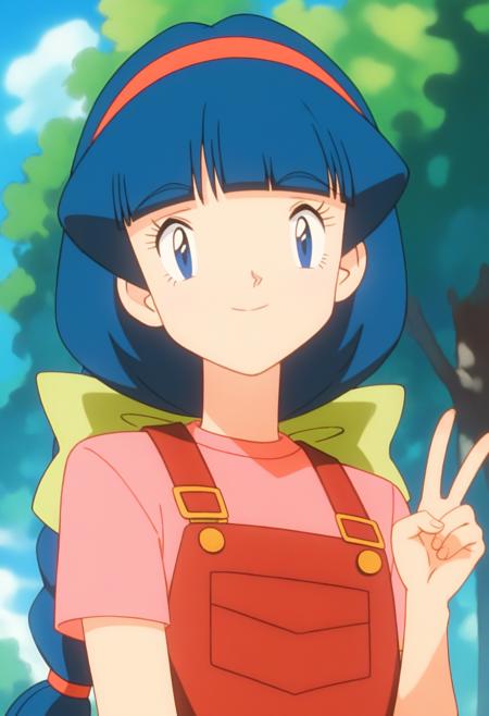 PMMelanie, aged up, blue eyes, blue hair, braided ponytail, blunt bangs, red hairband, green bow, short sleeves, shirt, red overalls, pink shirt, yellow footwear,