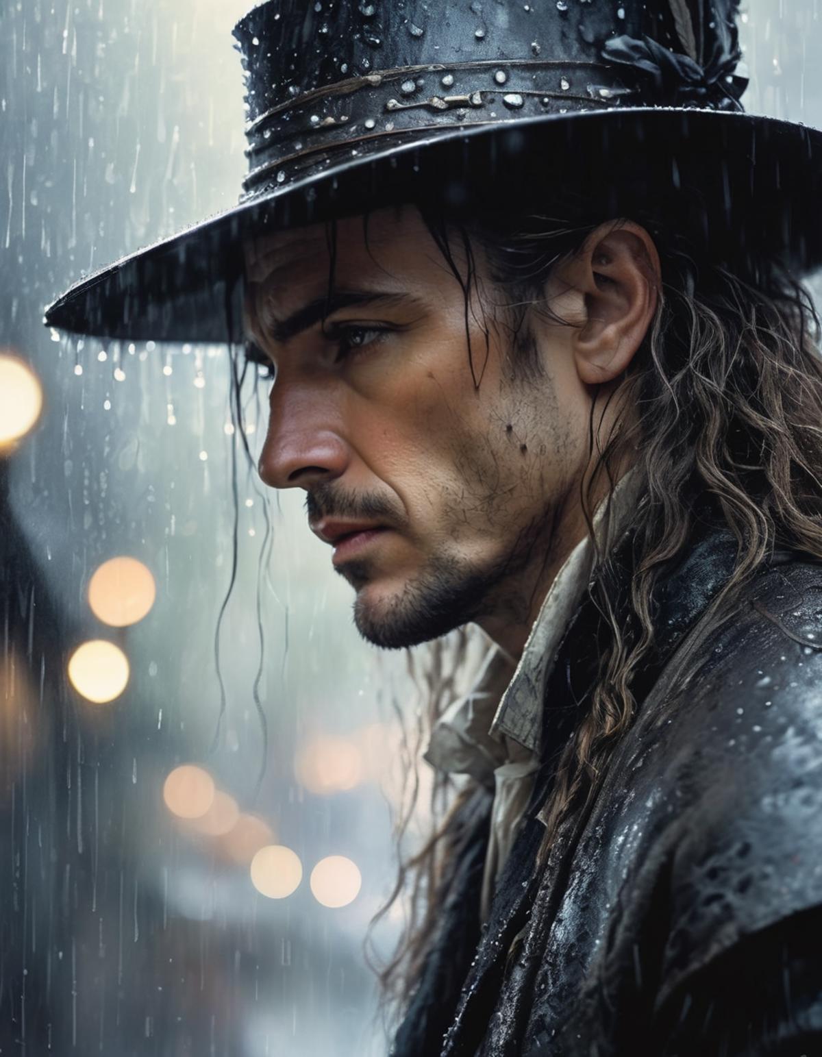 Man with long hair and a hat, looking down, in the rain, wearing a black coat.