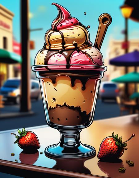 vector cartoon illustration of Visualize a close-up of a sundae glass filled with scoops of vanilla, chocolate, strawberry, pistachio, and mango ice cream. The glass is placed on a café table, with the cafés interior blurred in the background. Use a Nikon D850 DSLR, 105mm f/1.4E ED lens, with soft, natural lighting and focus on the ice cream <lora:Vector cartoon illustration-000008:1>