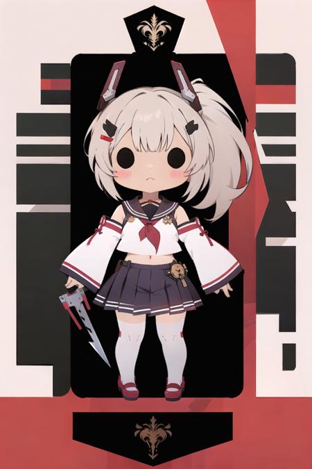 assembly, 1girl, ayanami (azur lane), retrofit (azur lane), chibi, detached sleeves, skirt, ponytail, headgear, pleated skirt, school uniform, solo, weapon, hair ornament, serafuku, zettai ryouiki, thighhighs, belt, hairclip, looking at viewer, sword, wide sleeves, flat color, long hair<lora:arkblock:1>