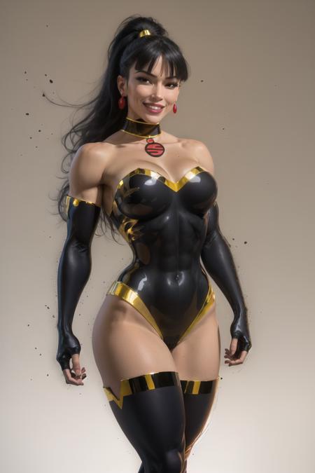 (masterpiece, best quality:1.2), <lora:superwoman_(mary_batson):1>, superwoman (mary batson), masterpiece, best quality, 1girl, solo, breasts, black hair, thighhighs, large breasts, leotard, dark skin, long hair, gloves, hand on hip, dark-skinned female, ponytail, choker, jewelry, cleavage, abs, fingerless gloves, elbow gloves, bare shoulders, black gloves, strapless, black thighhighs, makeup, black leotard, strapless leotard, smile, muscular female, earrings, muscular, lipstick, lips, bangs, covered navel, black eyes, toned, highleg leotard, blunt bangs, thighs