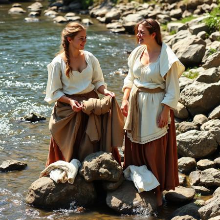 Two beautiful medieval Italian peasant women washing clothes on the rocks near a river, standing in the water, skirts bunched up to avoid getting wet, sleeves on blouses rolled up, one braided blonde hair, one white chaperon covering brunette's hair, mostly male clothes on rocks, also a thin white chemise, sunny day, rippling stream, one woman singing, the other laughing.