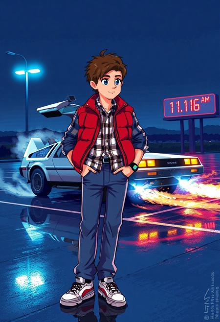 pixel art image inspired by 'Back to the future,' featuring the iconic DMC DeLorean. To the right, A teenage boy with a confident, slightly rebellious attitude. He has a lean build, short brown hair styled in a casual, feathered manner, and expressive eyes. He wears a signature layered outfit: a red puffer vest over a light blue denim jacket, with a white and black plaid button-down shirt underneath. His jeans are slightly faded and straight-cut, and wears white Nike sneakers with red swooshes. On his wrist is a digital watch.
A dramatic, cinematic nighttime scene outside the Twin Pines Mall parking lot, glowing under the harsh, bluish light of overhead street lamps. The vast, empty lot stretches into the distance, wet pavement reflecting the cool light and adding a glossy sheen. In the background, the DeLorean is parked with its gull-wing doors open, steam and sparks rising from its body as it emits glowing blue electrical arcs. Its tires glow with fire trails, hinting at a recent jump through time. Behind it, the mall sign reads “Twin Pines Mall” with the time "1:16 AM" lit in digital numbers. The horizon glows faintly with lightning flashes, and distant mountains loom in silhouette. the atmosphere capture the thrill and mystery of time travel. limited retro color palette (8-bit or 16-bit), dithering for shading, and clean, blocky pixel lines for a nostalgic 80s-90s video game aesthetic. Keep details simplified with visible pixels for an authentic pixel art style.