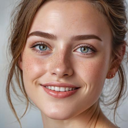 Create a detailed, hyper-realistic head and shoulders portrait of a young woman. Her face should have minimal freckles, with a focus on the unique patterns in her irises and the natural texture of her lips. She features a radiant, big smile, conveying a sense of warmth and happiness. The background should be softly blurred, emphasizing her joyful expression.