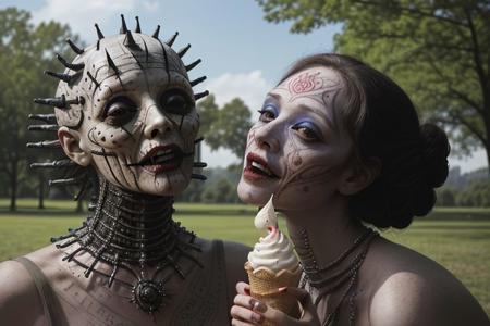warm, dreamy, photo, (2 very pale Cenobites) happily sharing one icecream-cone in a lush and vibrant park.
((Cenobites: pale, extra-dimensional, and seemingly demonic beings who appear in the works of Clive Barker, most famously from the "Hellraiser" films. These 2 Cenobites are playfully enjoying an icecream-cone in a daylit park.))
 :(((breathtaking, exquisitely detailed, experimental angles, expansive, highest quality photo, epic realism, Getty Images, ultrarealistic,)))