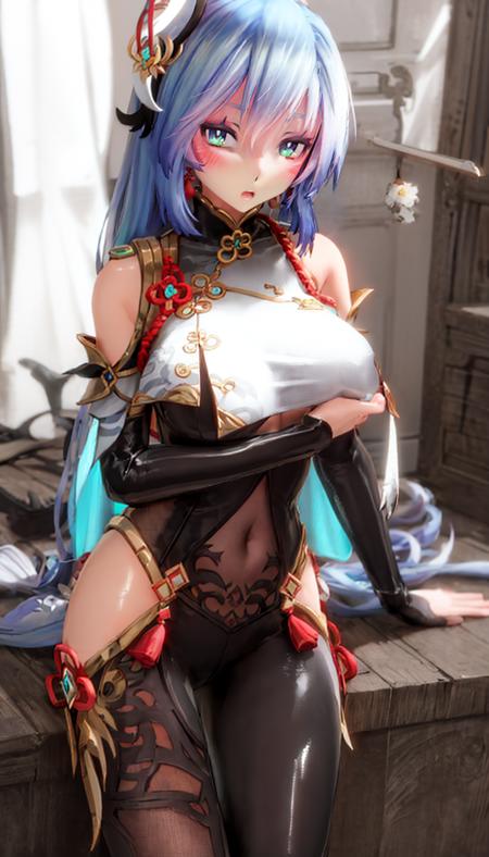 (shiny_skin:1.2),large breasts, <lora:MMD(TDA):1:OUTALL> <lora:shenhe:1:CHARA>1girl,solo,shenhe \(genshin impact\), :o,blush, 1girl,solo,bodysuit,(breast_curtain:1.2),covered_navel,hip_vent,black_bodysuit,gloves,