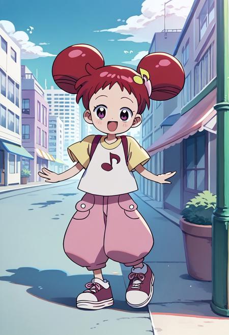 Doremi2, 1girl, short red hair, purple eyes, odango hairbuns fuchsia pearl earrings pink witch hat, fuchsia hat band with yellow musical note layered short-sleeve pink dress, rainbow pearl circle chest badge fuchsia gloves with white accents rainbow pearl wristband fuchsia white boots