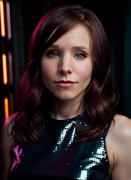 portrait of Kristen Bell, withdrawn , wearing sequined , with dark red Straight hair, background alleyway, epic (photo, studio lighting, hard light, sony a7, 50 mm, matte skin, pores, colors, hyperdetailed, hyperrealistic), <lyco:Kristen Bell:1.2> <lora:epiNoiseoffset_v2:1>