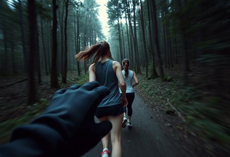 a photograph, found footage style, subject is a woman wearing running clothes running through a dark forest, seen from the point of view of someone chasing her, looking back over her shoulder at the viewer with a panicked and fearful expression, motion blur focus on a subject, close up view, viewer POV a gloved hand reaching for the woman, 1/25 s, f/2.8, 6400 ISO, 35mm film