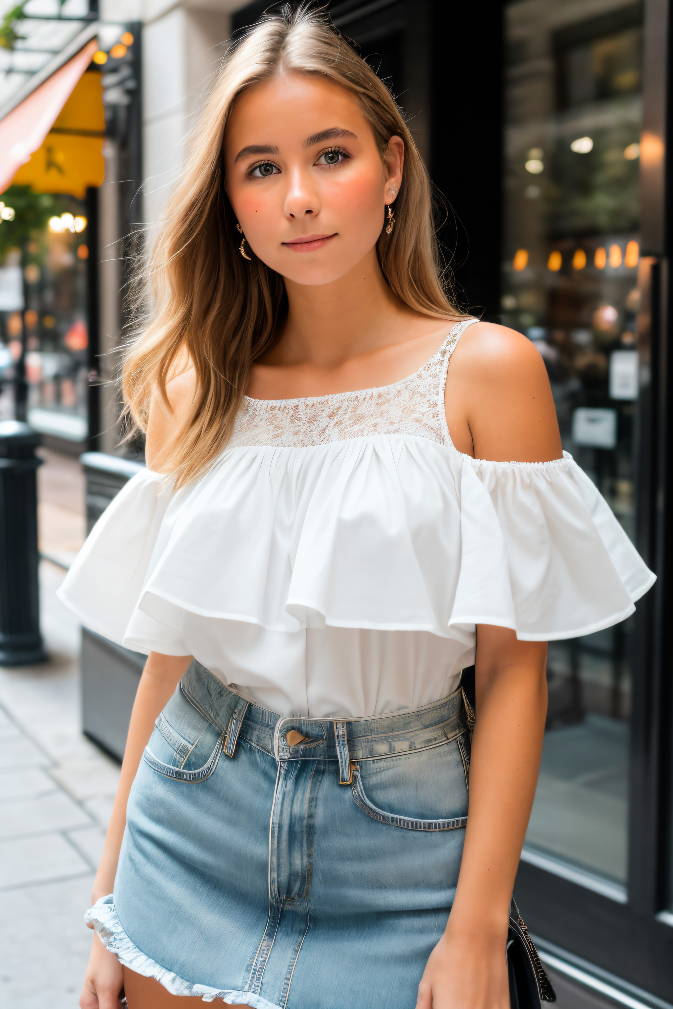 RAW photo of izacryss, Ruffled blouse and denim skirt for a day of shopping in the city, (high detailed skin:1.2), 8k uhd,...