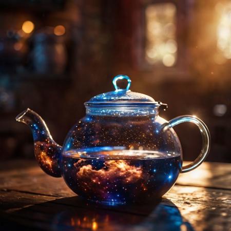 Glass teapot. In the kettle is the universe with galaxies. Amazing depth of field, stunning extensive details, natural ambient lighting, add details xl,attractiveness, cinematic photography, stunning facial texture detail, hard focus, amazing depth of field, stunning extensive details, natural ambient lighting, add detail