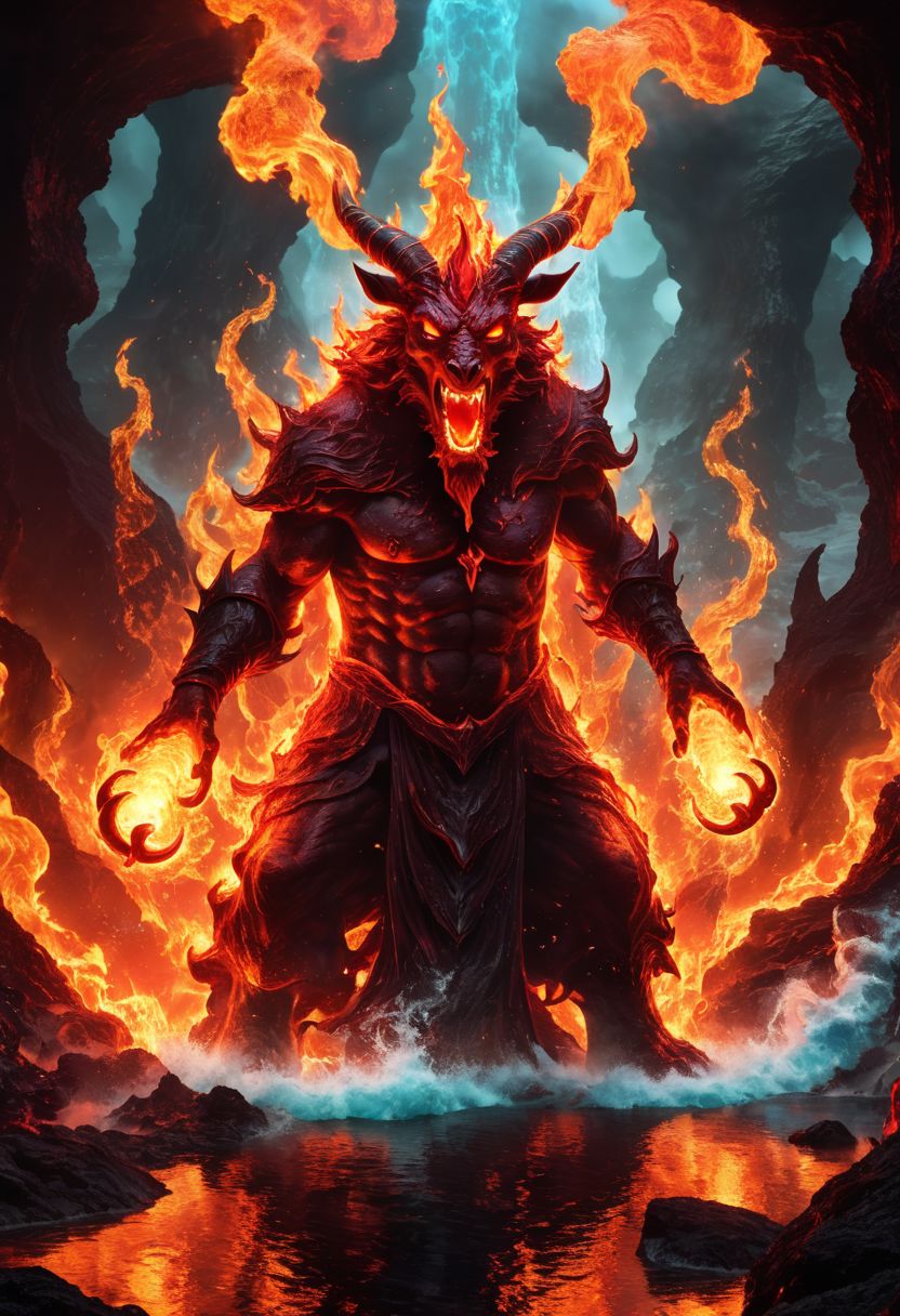 ferrous fire breathing, ghoulish, ghastly horned red elemental in a hellish fiery lava filled environment. decimating everything in rage all around it while in the foreground ((A single wizard figure is using water magic)) to manipulate water to extinguish fires and battle the beast.