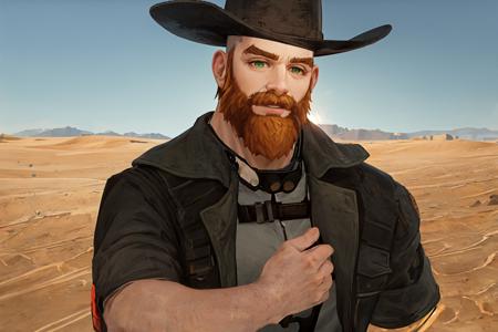 1boy, solo, handsome man, ginger beard, cowboy hat,  illustration, drawing, professional, defined shadows, accurate figure, easthetically pleasing, correct hands, post apocalyptic, desert wasteland background, best quality, portrait, (masterpiece, top quality, best quality), trending on artstation, artstation,  <lora:cragsand:0.70>, looking at you, portrait, green eyes, fighting pose, firsts raised