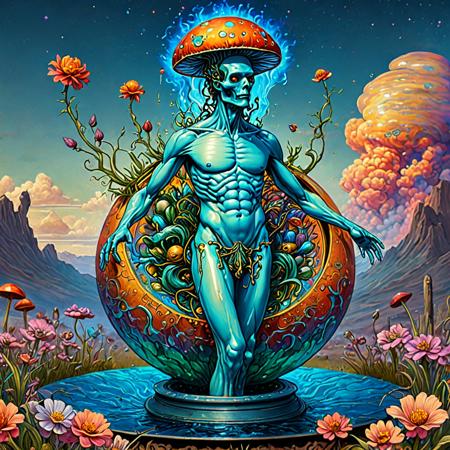 Leonardo da Vinci and Howard Pyle illustration of a fashionable android, emerging from an embryo in colorful iridescent liquid, a rising creature bathes in cosmic fire, where flowering plants are floating blue sky background, steampunk television set, cyberpunk psychedelia, decorated by mushroom and floral calligraphic Art Nouveau flourishes