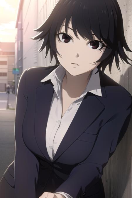 izumi shimomura, short hair, black hair, (black eyes:1.5), shirt, jacket, pants, formal, suit,