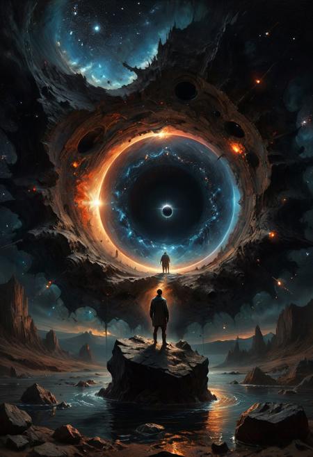 Massive black hole, inspired by gothic surrealism. Photorealistic with gothic-sci-fi and Baroque influences. Centered black hole, embodying the eerie, majestic force of the cosmos, framed in Beksinski's apocalyptic style and Caravaggio's intense chiaroscuro. Space is alive with swirling galaxies and ethereal light, capturing the sublime terror of the universe. 8K HDR, Depth of Field, Action Scene, centered-shot, shot on IMAX 70mm, detailed, elegant, perfection, shimmering, with a perspective that dramatizes the black hole's gravitational pull. The scene merges the haunting beauty of infinite space with the artistic depth of Beksinski and Caravaggio, creating a captivating, high-resolution image that invites viewers to ponder the cosmic ballet of light and darkness. <lora:add-detail-xl:1>
A very small man stands in the center below on a fragment of a meteorite, with his back turned, looking at a black hole,
(zoom a person 4 times smaller)
8k, iMax, hyperrealism, photorealistic, masterpiece, high resolution, best quality, ultra-detailed, super realistic, Hyperrealistic art, high-quality, ultra high res, highest detailed, lot of details, Extremely high-resolution details, realism pushed to extreme, incredibly lifelike, soft cinematic light,