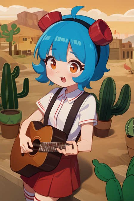 FridaSuarezv1.5, blue hair, red gogles, red skirt, shite shirt, suspenders, playing a red skull shaped guitar, in an old cowbow town in the desert. Rolling cactus plants.